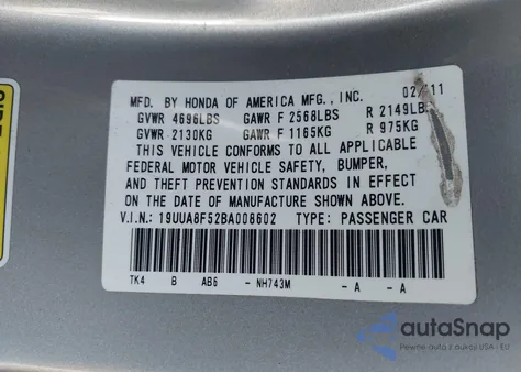 2011 Acura Tl 3.5/Tech z USA, uszkodzony, nr VIN 19UUA8F52BA008602